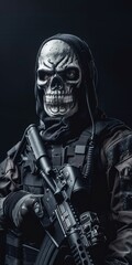 Fototapeta premium Soldier in Skull Mask Holding Rifle. Generative ai