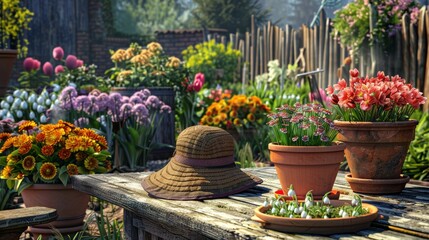 Fototapeta premium Lush garden scene with vivid potted flowers, a gardener's hat on a rustic table, and spring snowdrops, in a photo-realistic depiction