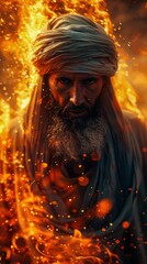 Fierce Arabian Warrior Surrounded by Flames. Generative ai