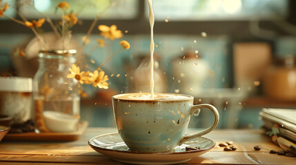 Fototapeta premium wide horizontal closeup photo of milk pouring to a white color coffee cup with splash