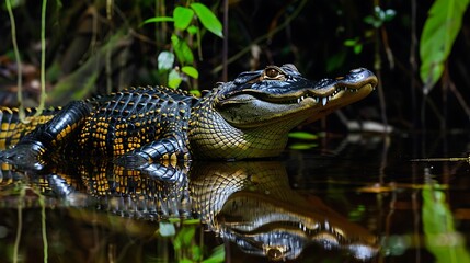 Black caiman on the laguna grande cuyabeno wildlife reserve sucumbios ecuador