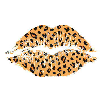 Vector lip imprint with a spotted leopard texture isolated on a white background. Decorative element suitable for various print and design purposes.