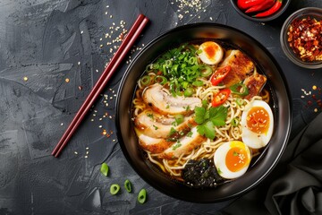 Top view of ramen with chicken shiitake mushrooms and egg in black bowl