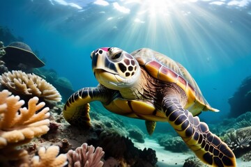 Fototapeta premium Turtle on the background of a coral reef.