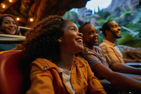 Family enjoying a ride on a roller coaster at a theme park