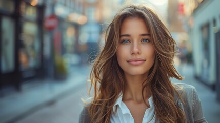 Fototapeta premium A woman with long brown hair standing in a city street, AI