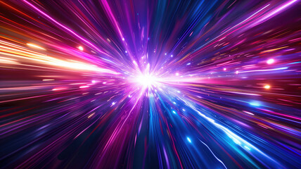 Fototapeta premium Light speed, hyperspace, space warp background. colorful streaks of light gathering towards the event horizon Ai Generated