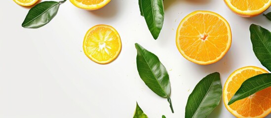 Fragrant orange fruit with green leaves against a white background