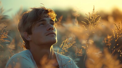 A man looking up at the sky while standing in tall grass, AI