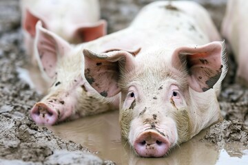 A close-up photo of large pigs wallowing in the mud, focusing on their expressive eyes and soft pink skin. The background is blurred to highlight the pigs. 