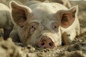 A close-up photo of large pigs wallowing in the mud, focusing on their expressive eyes and soft pink skin. The background is blurred to highlight the pigs. 