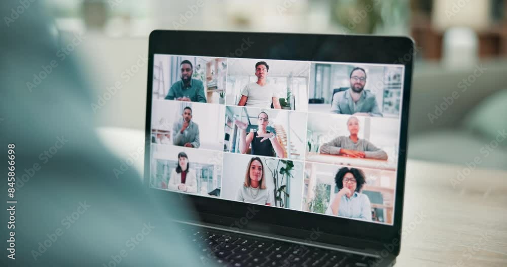 Poster connection, laptop screen and person for virtual meeting with talking, collaboration and planning st