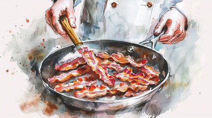 The chef is frying bacon in a pan.
