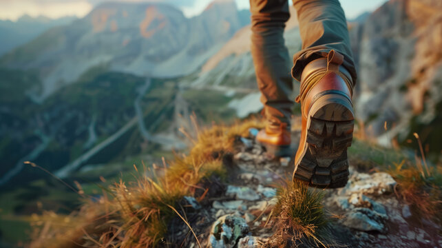 Man hiking up a mountain trail with a close-up of his leather hiking boots. The hiker shown in motion, with one foot lifted off the ground and the other planted on the mountain trail