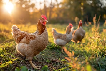 Fototapeta premium A photo of a group of chickens walking through the grass in an open farm field on a sunny day, with trees and greenery in the background, golden hour lighting. 