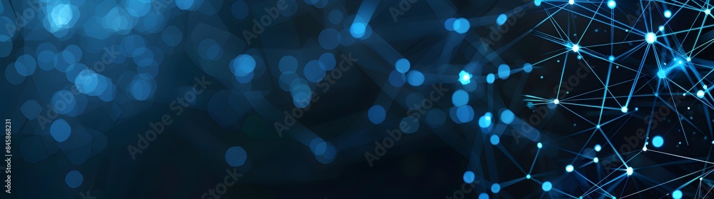 Poster abstract background with blue glowing dots and connection lines on a dark gradient, representing a t