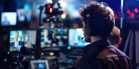 TV studio directors coordinate production behind the scenes during live broadcasts. Concept Television production, Live broadcasts, Studio directors, Behind the scenes, Coordination