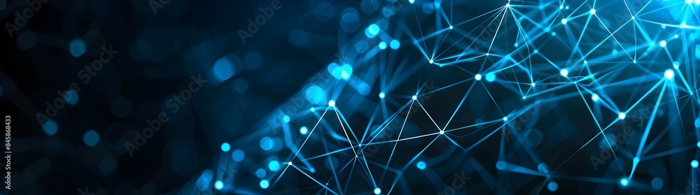 Poster abstract background with blue glowing dots and connection lines on a dark gradient, representing a t