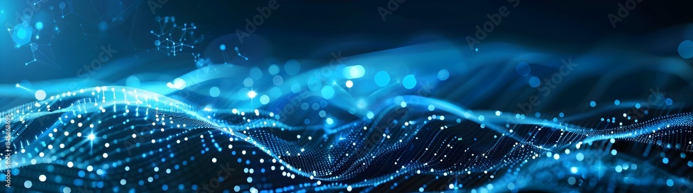Poster abstract background with blue glowing dots and connection lines on a dark gradient, representing a t