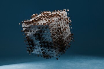 Ilustración 3D de cubo tecnológico flotando en entorno azul. Avance tecnológico en auge.