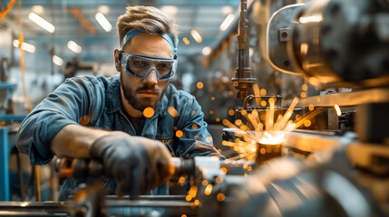 Skilled Worker Precision Engineering with Sparking Lathe in Workshop