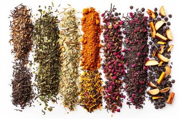 Various types of tea leaves isolated on white background