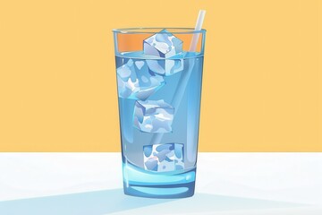 A crisp illustration of a refreshing glass of water filled with ice cubes and a straw on a warm day
