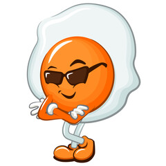 cute fried eggs vector mascot illustration cartoon character standing wearing cool sunglasses with folded arms calmly, work of hand drawn