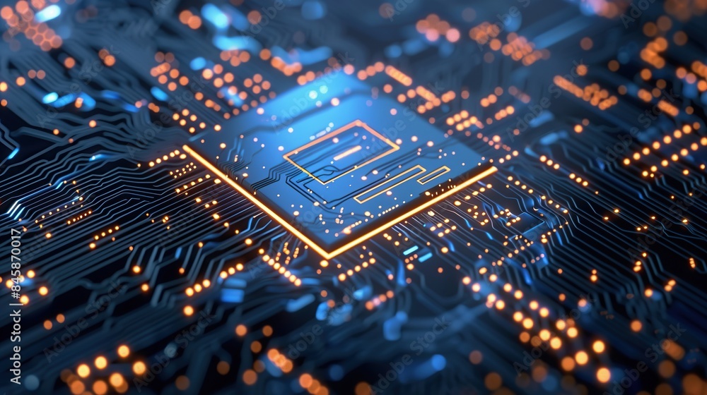 Aufkleber close up view of blue circuit board with illuminated central processing unit advanced technology pcb motherboard