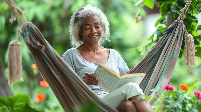 Serene Mature Woman Enjoying a Book in a Peaceful Garden Hammock