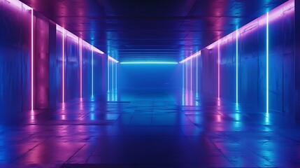 Blue neon abstract background ultraviolet light night club empty room interior tunnel