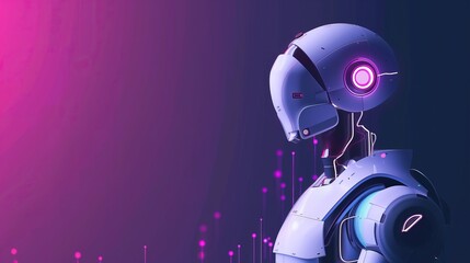 side profile of futuristic humanoid robot against gradient purple backdrop of advanced technology artificial intelligence concept