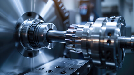 Fototapeta premium Metalworking CNC milling machine. Cutting metal modern processing technology. Small depth of field. Hi-technology machining concept