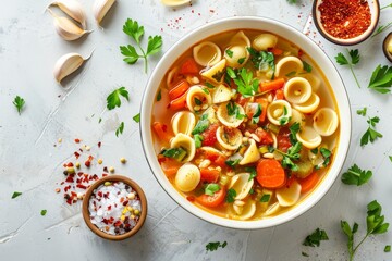 Vegetarian Italian minestrone soup with orecchiette pasta and fresh vegetables on a bright background top view Delicious concept