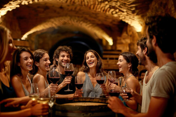 A Taste of Tradition: Group of Friends at Porto Wine Tasting in a Cellar with Wooden Barrels, Offering an Unforgettable Experience of Heritage and Flavor.