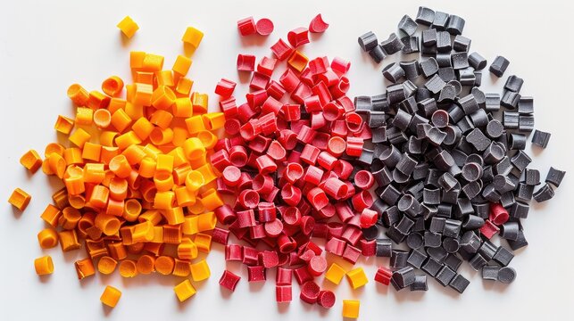 Vibrant plastic masterbatch pellets separated on a white backdrop