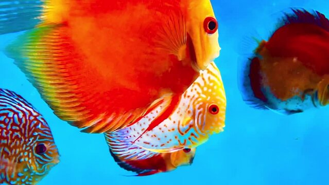 4K This clip features brightly colored discus fish swimming in an aquarium. Discus fish, known for their distinctive round, laterally compressed bodies and vibrant colors, are popular pompadour
