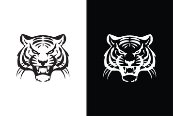 Tiger head Silhouette icon with white black background.