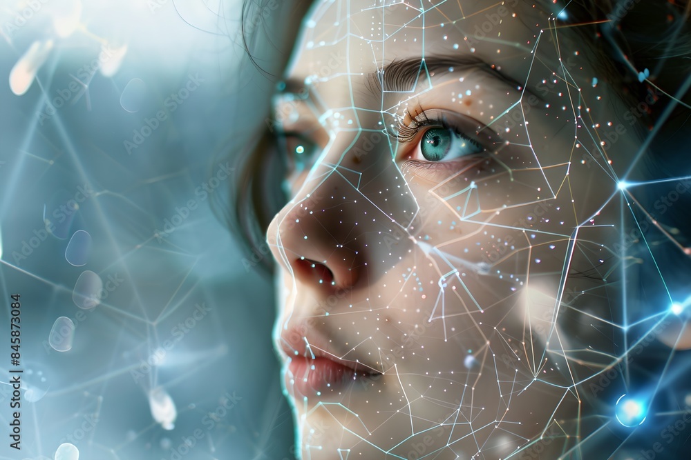 Poster woman with digital biometric scanning program. network background. face detection and facial recogni