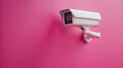 Modern security camera in white, fixed on a bright pink wall, highlighting minimalism and a clean, photo-realistic look