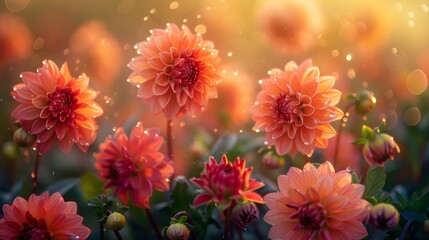 Fototapeta premium Numerous Dahlia flowers with dewdrops, under the warm sunset light in a rustic garden, close-up, highly detailed