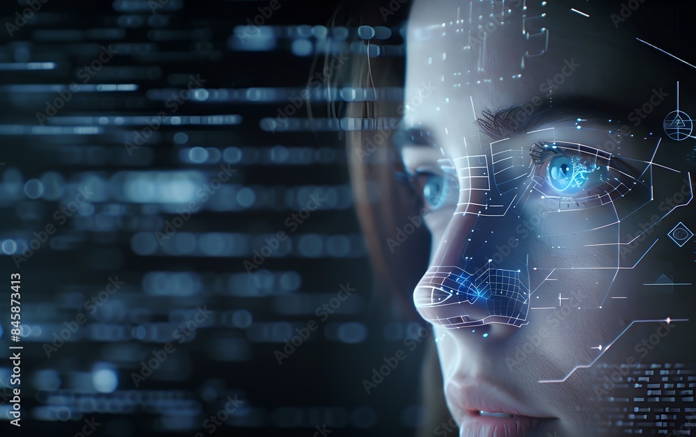 Poster woman with digital biometric scanning program. face detection and facial recognition. face id and ar