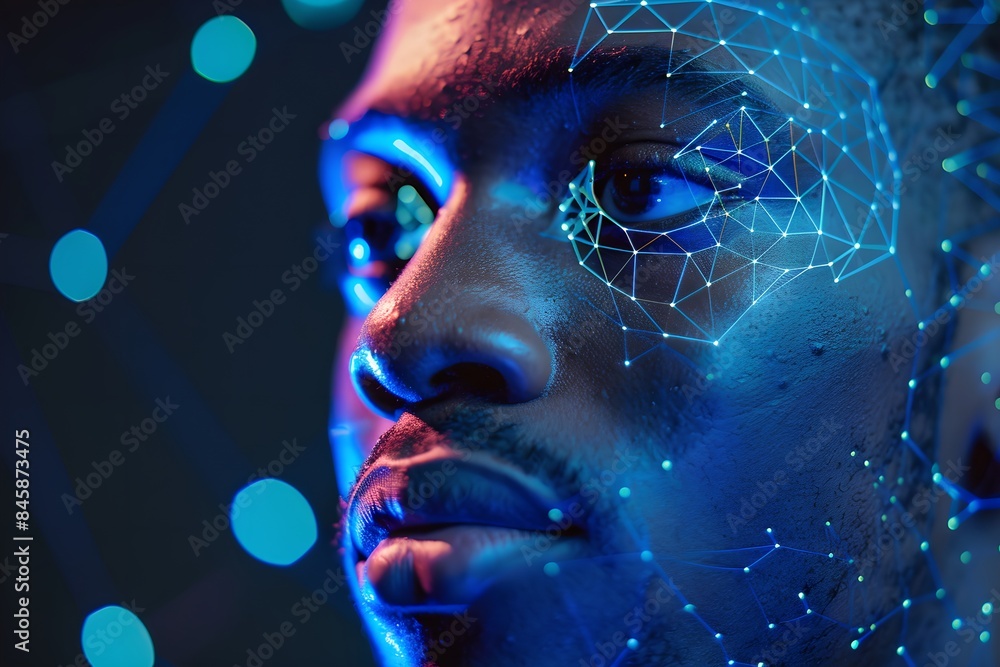 Poster african american man with digital biometric scan grid. face detection and facial recognition. face i