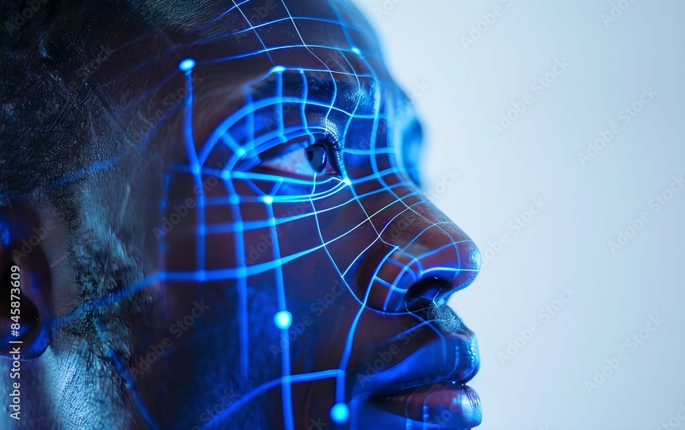 Poster african american man with digital biometric scanning program. face detection and facial recognition.