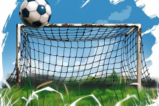 This vibrant illustration features a soccer ball mid-flight towards a goal net on a sunny day