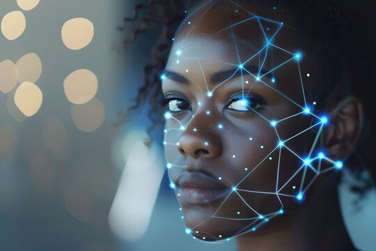 African american woman with digital biometric grid. Face detection and facial recognition. Face ID and artificial intelligence concept. High tech security system. Studio portrait