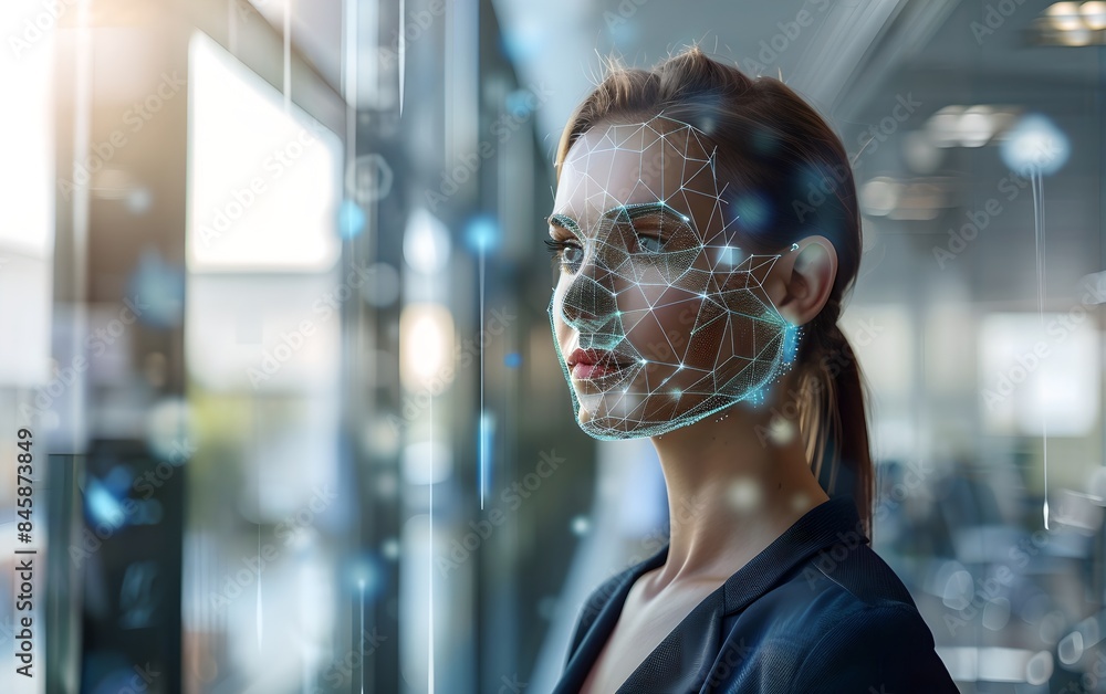 Poster woman with digital biometric scan grid in the office. face detection and facial recognition. face id