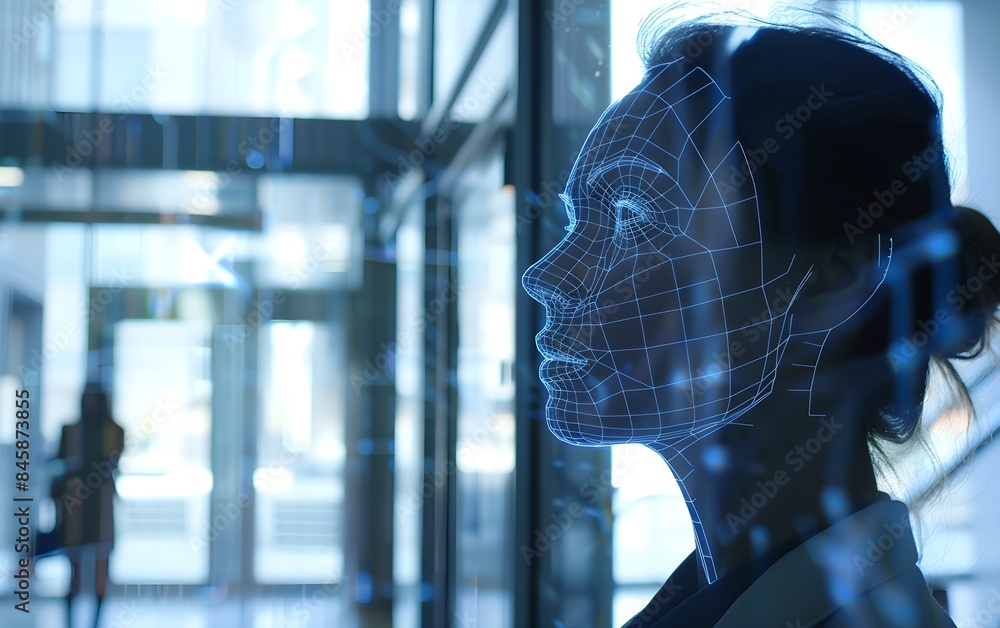 Poster woman with digital biometric scan grid in the office. face detection and facial recognition. face id