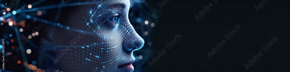 Poster woman with digital biometric scanning program. face detection and facial recognition. face id and ar