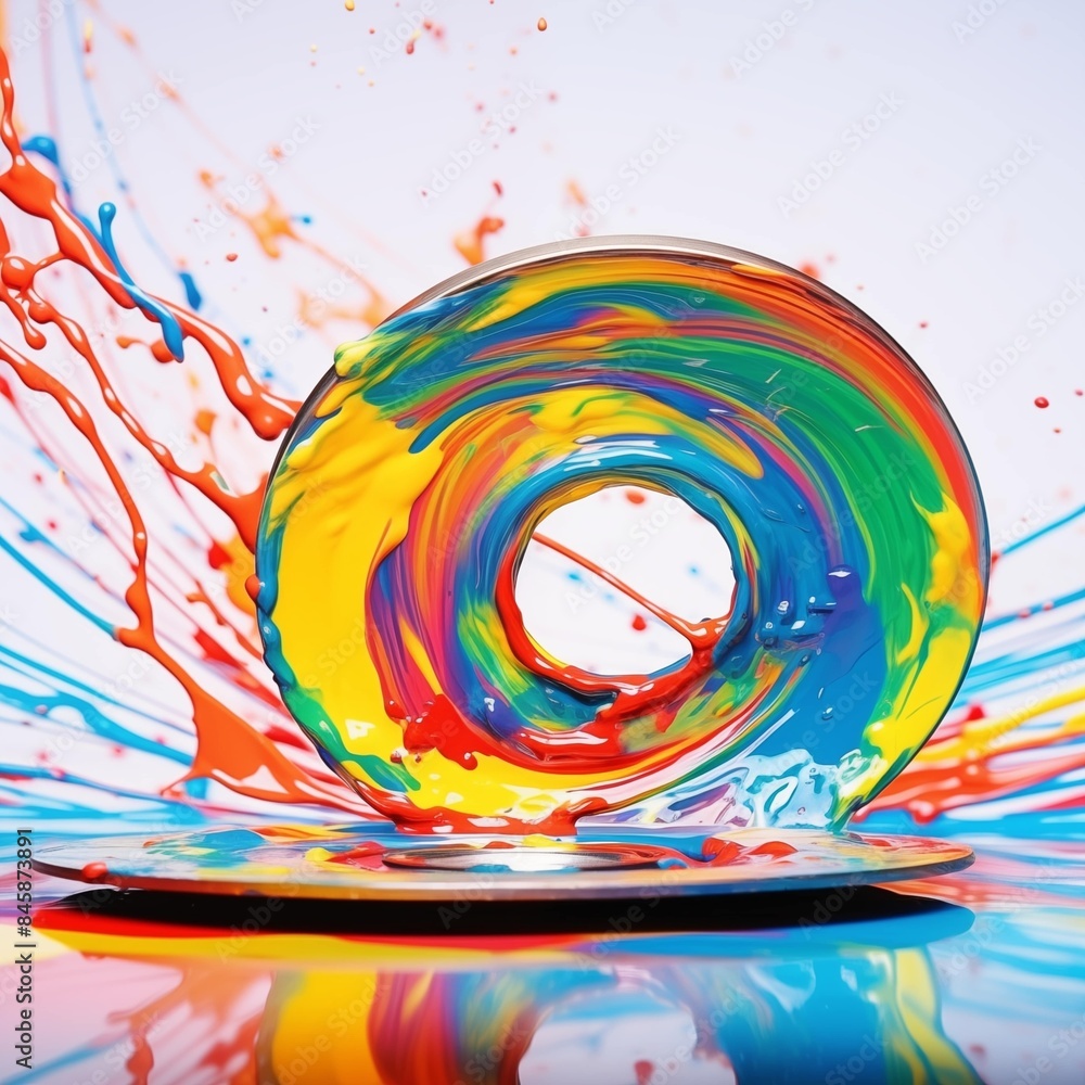 Wall mural Abstract illustration of a CD in an explosion of colorful paint on a white background